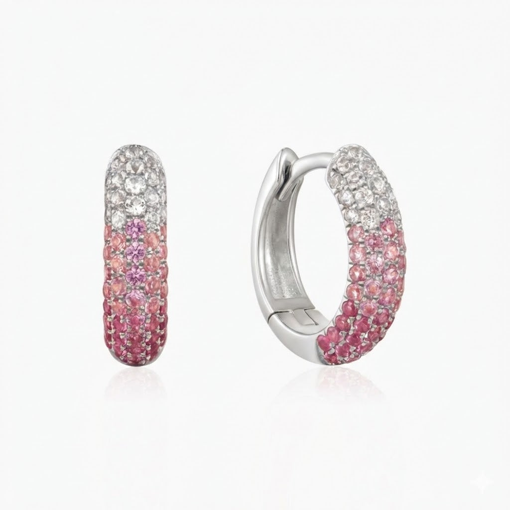 14K Solid White Gold Ruby & White Sapphire Pavé Gradient Hoop