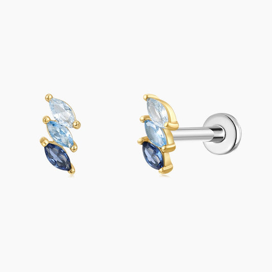 14K Solid Yellow Gold Blue Spinel Triple Marquise Flat Back Stud & Titanium Post