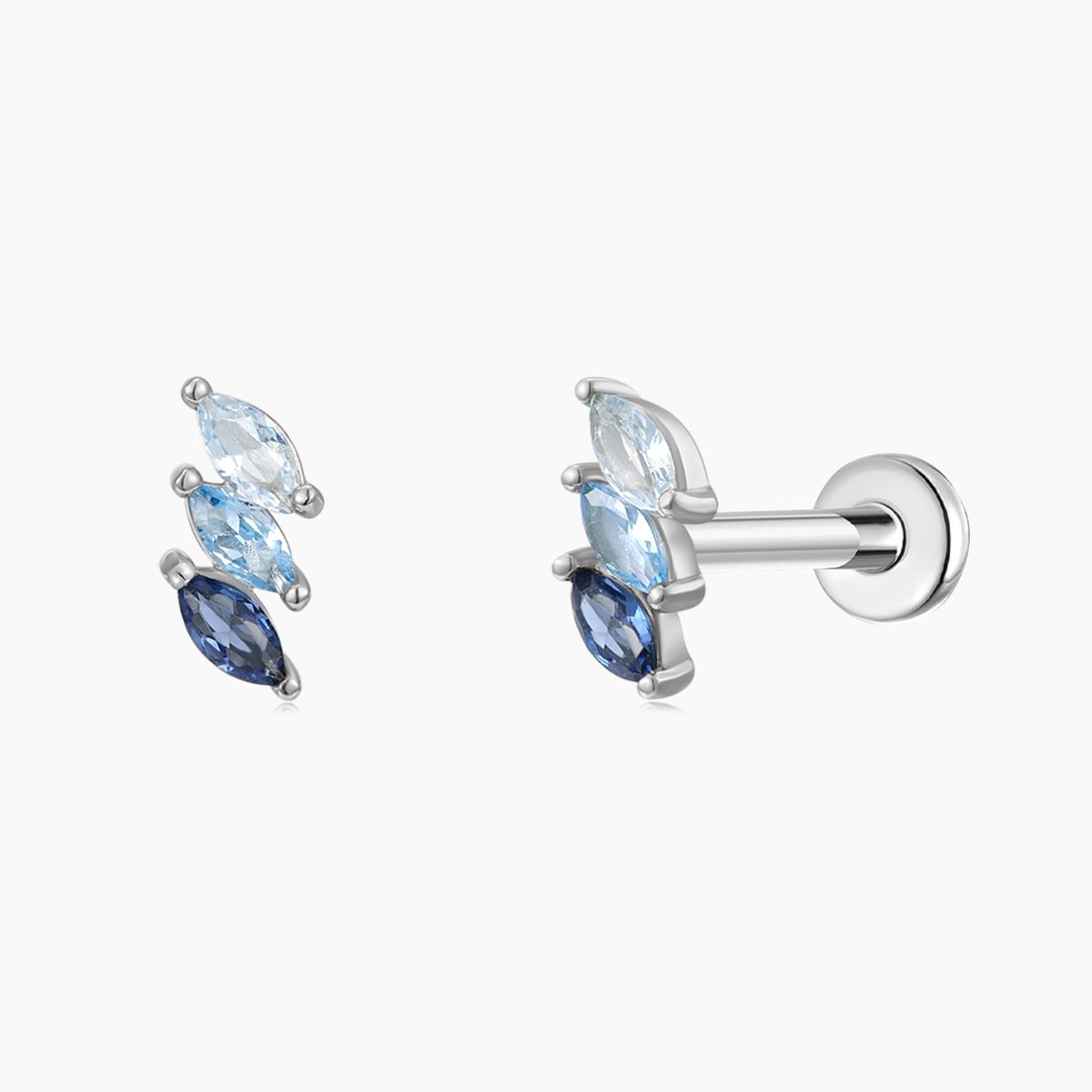 14K Solid White Gold Blue Spinel Triple Marquise Flat Back Stud & Titanium Post