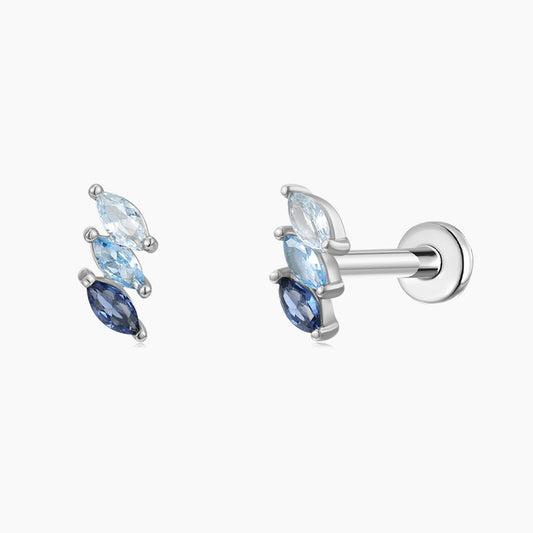 14K Solid White Gold Blue Spinel Triple Marquise Flat Back Stud & Titanium Post