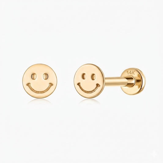14K Solid Yellow Gold Smiley Flat Back Stud & Solid Gold Post