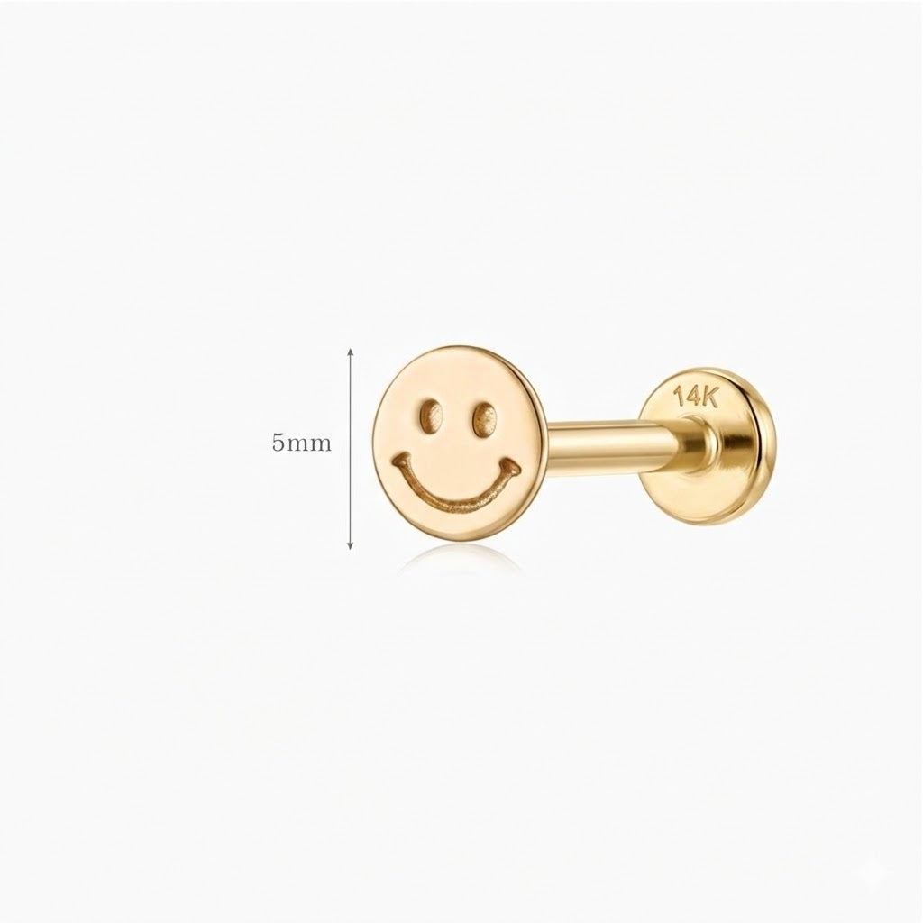 14K Solid Yellow Gold Smiley Flat Back Stud & Solid Gold Post