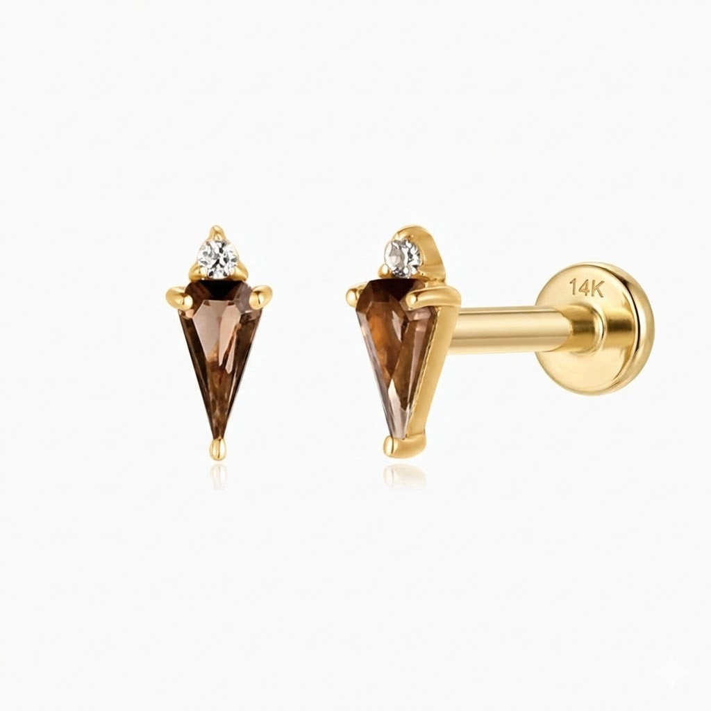 14K Solid Yellow Gold Smoky Quartz Flat Back Stud & Solid Gold Post