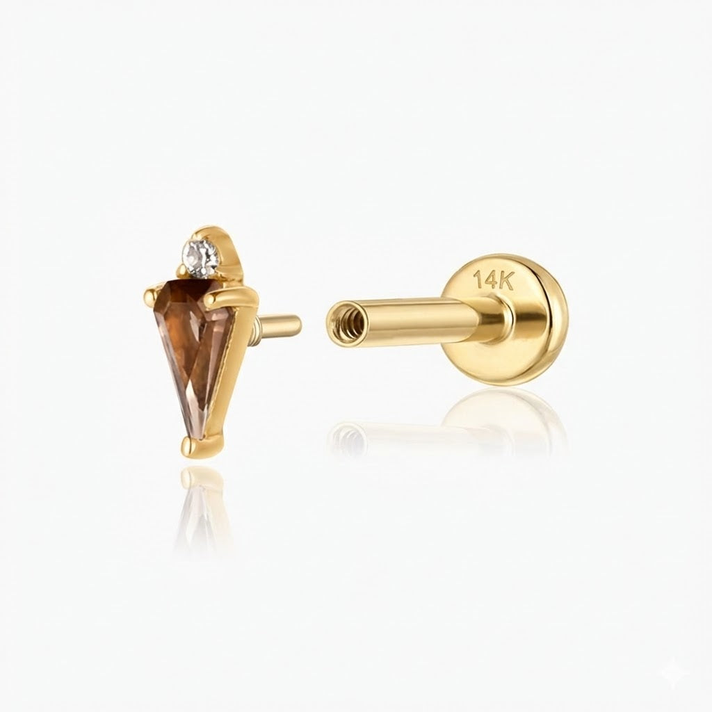 14K Solid Yellow Gold Smoky Quartz Flat Back Stud & Solid Gold Post