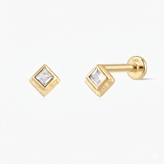 14K Solid Yellow Gold Square-Cut Cartilage Stud & Solid Gold Post