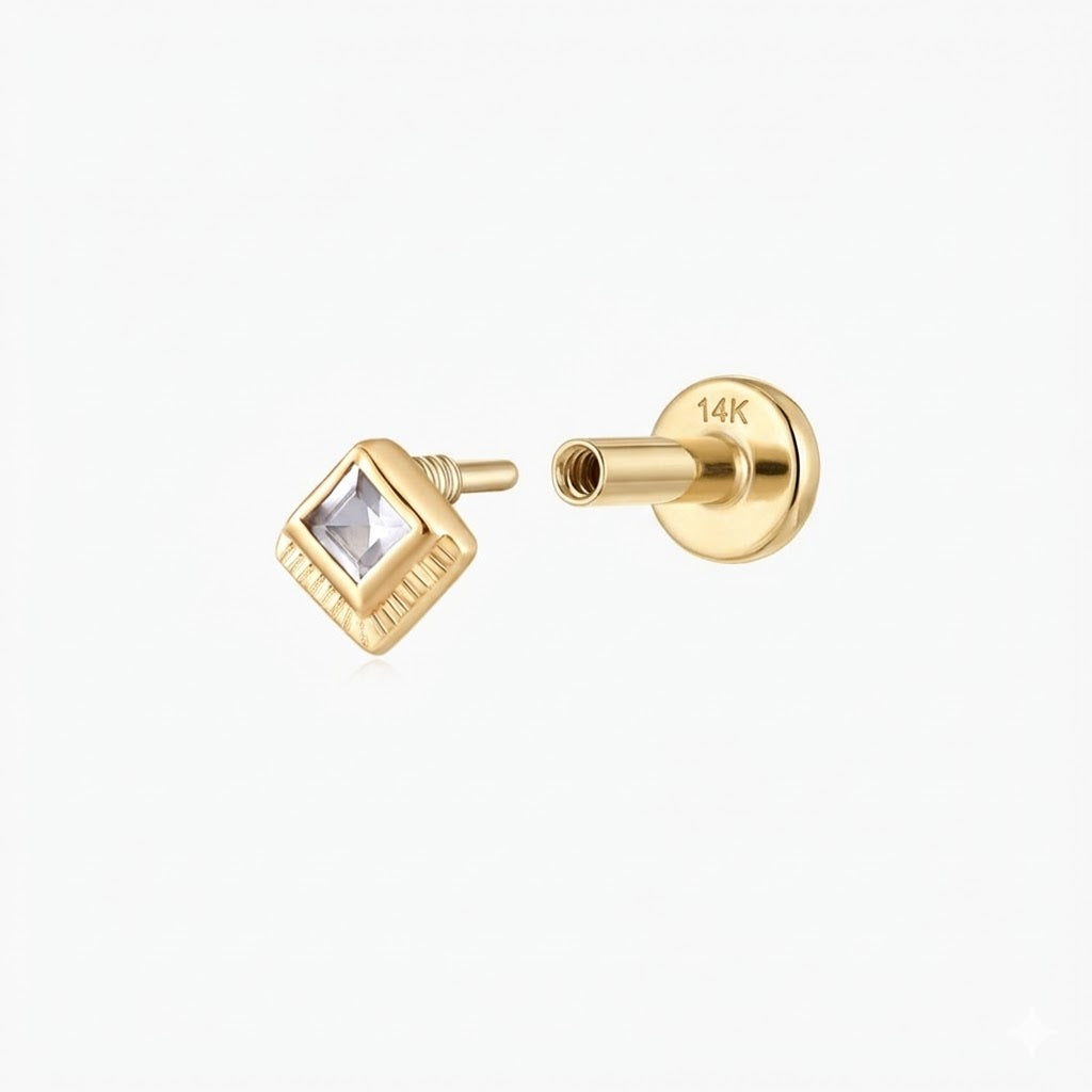 14K Solid Yellow Gold Square-Cut Cartilage Stud & Solid Gold Post