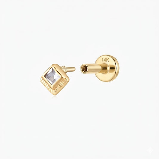 14K Solid Yellow Gold Square-Cut Cartilage Stud & Solid Gold Post