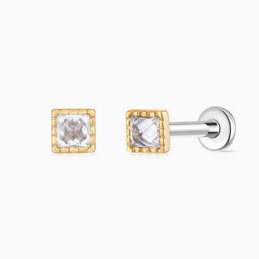 14K Solid Yellow Gold Square-Cut Textured Flat Back Stud & Titanium Post