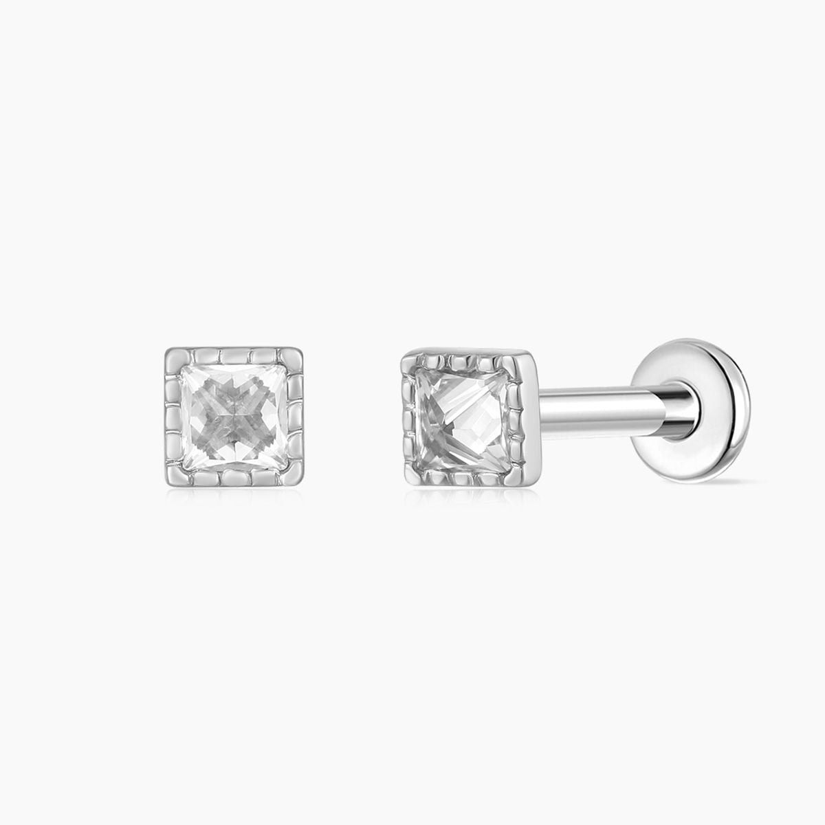 14K Solid White Gold Square-Cut Textured Flat Back Stud & Titanium Post