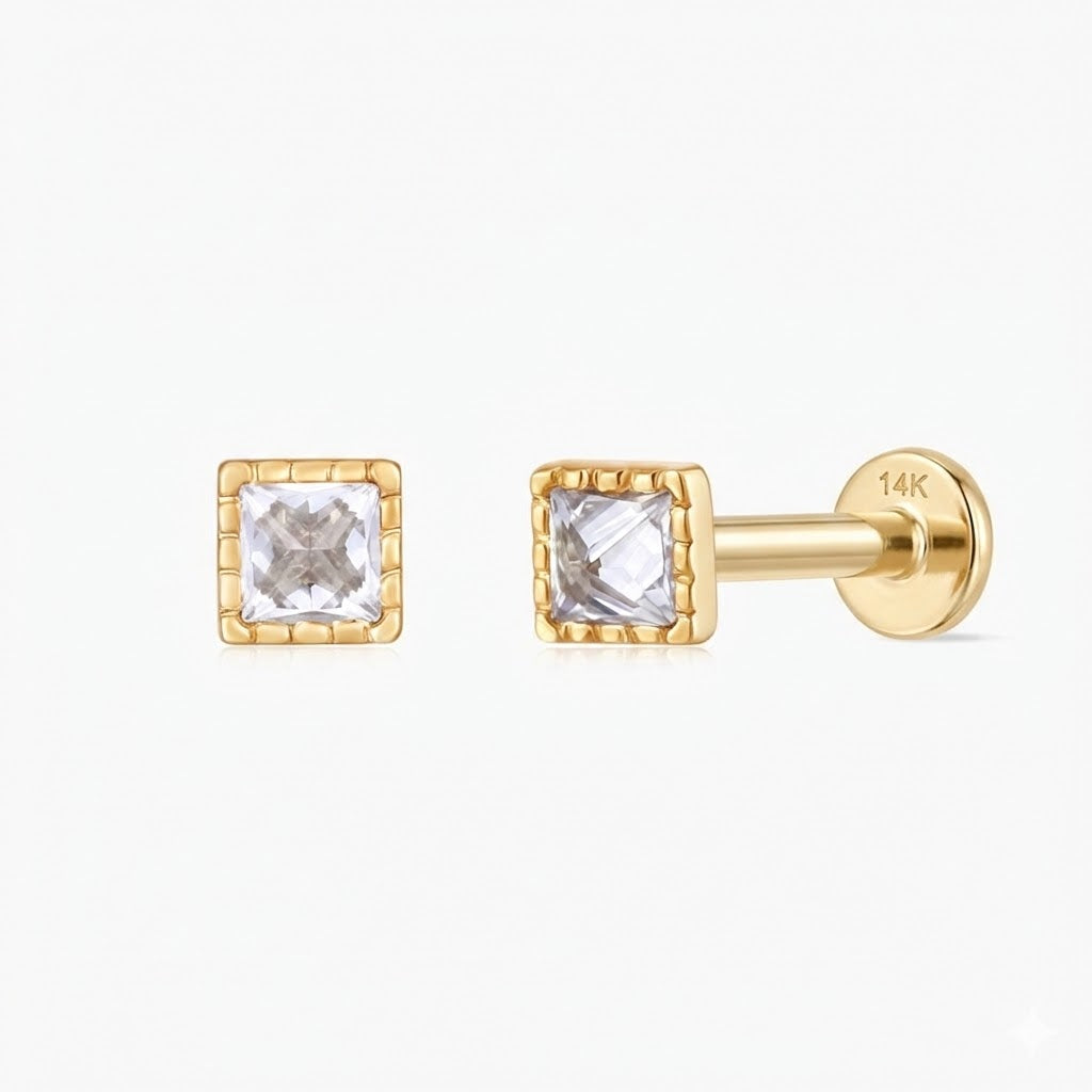 14K Solid Yellow Gold Square-Cut Textured Flat Back Stud & Solid Gold Post