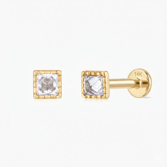 14K Solid Yellow Gold Square-Cut Textured Flat Back Stud & Solid Gold Post