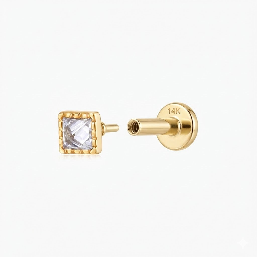 14K Solid Yellow Gold Square-Cut Textured Flat Back Stud & Solid Gold Post