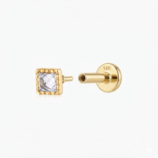 14K Solid Yellow Gold Square-Cut Textured Flat Back Stud & Solid Gold Post