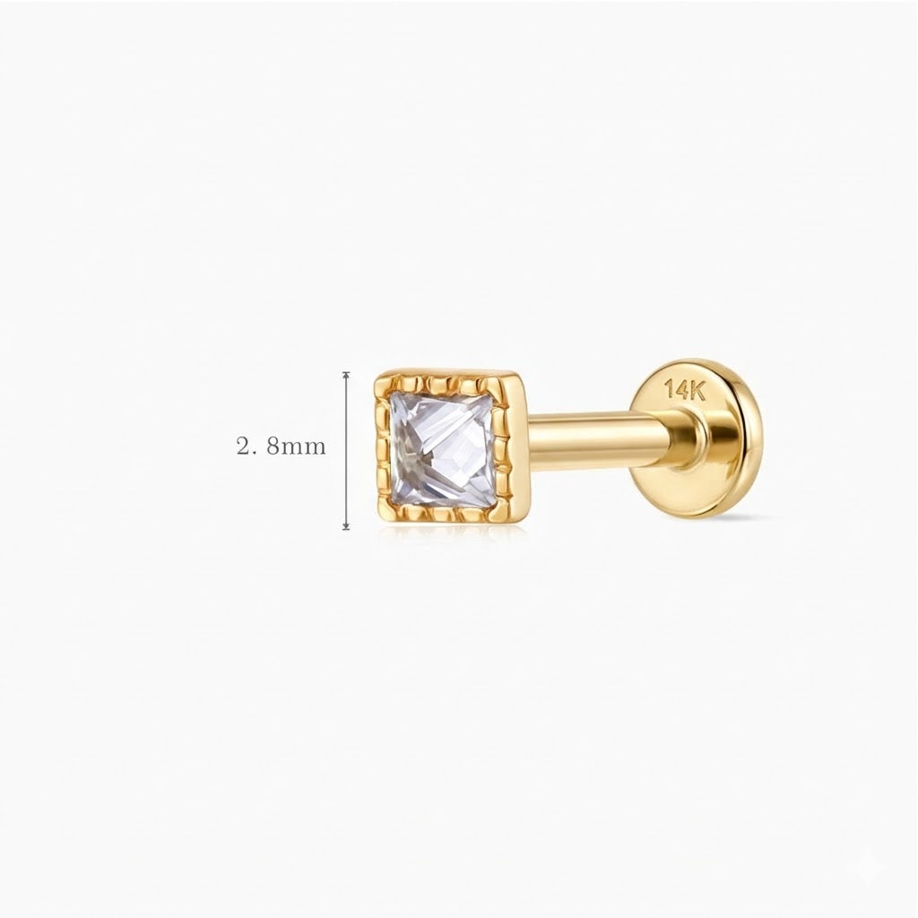 14K Solid Yellow Gold Square-Cut Textured Flat Back Stud & Solid Gold Post