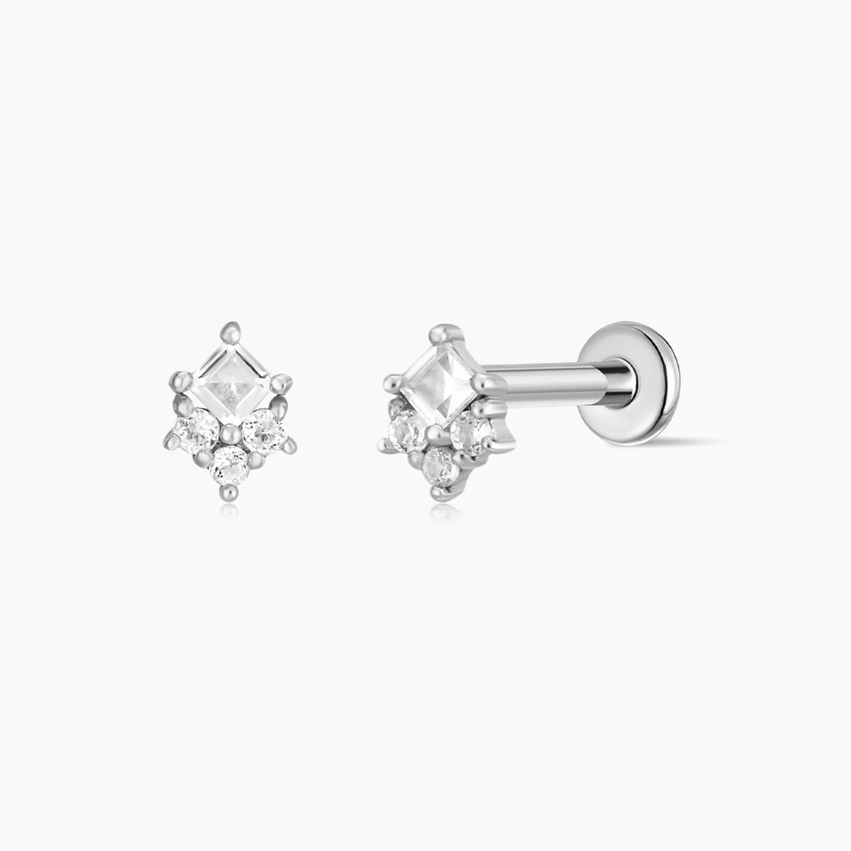 14K Solid White Gold Square & Cluster Stud