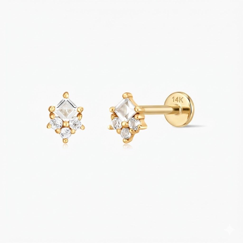 14K Solid Yellow Gold Square Cluster Stud & Solid Gold Post