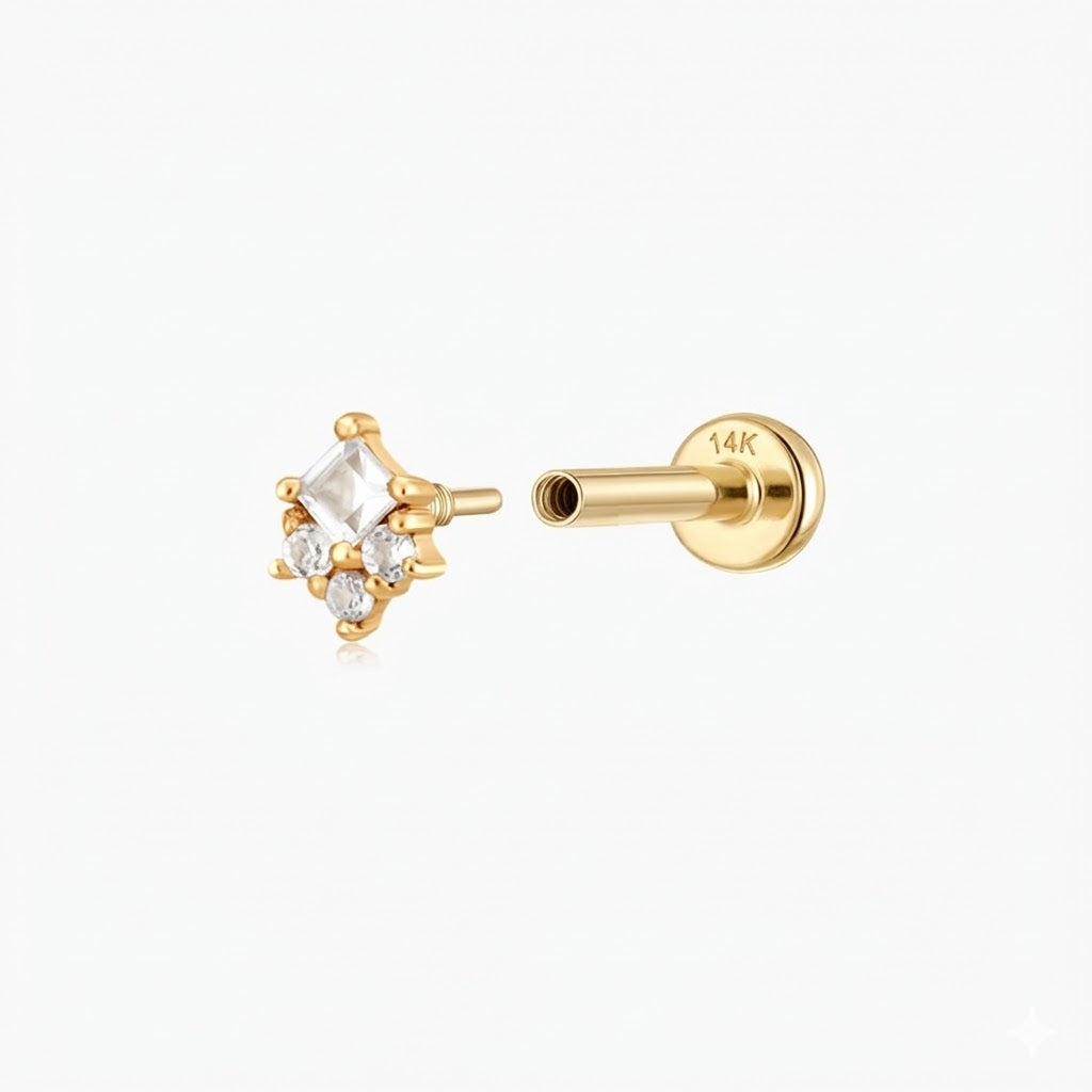 14K Solid Yellow Gold Square Cluster Stud & Solid Gold Post