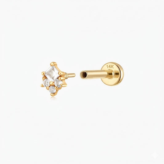 14K Solid Yellow Gold Square Cluster Stud & Solid Gold Post