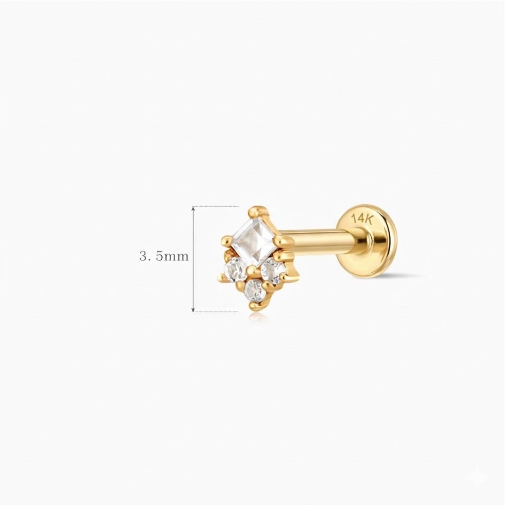 14K Solid Yellow Gold Square Cluster Stud & Solid Gold Post