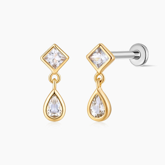 14K Solid Yellow Gold Square & Pear Double-Drop Flat Back & Titanium Post