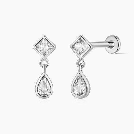 14K Solid White Gold Square & Pear Double-Drop Flat Back Stud & Titanium Post