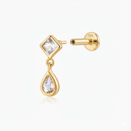 14K Solid Yellow Gold Square & Pear Double-Drop Flat Back& Solid Gold Post
