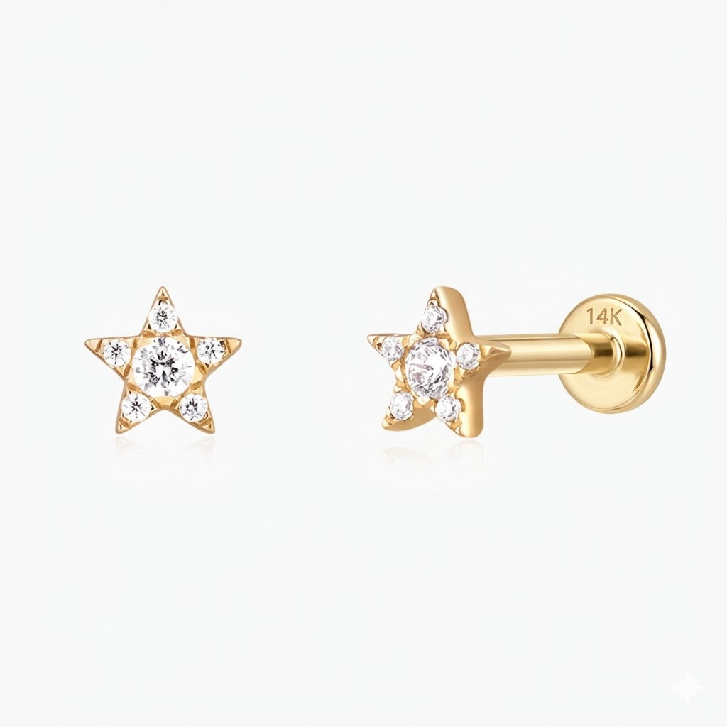 14K Solid Yellow Gold Star Flat Back Stud & Solid Gold Post