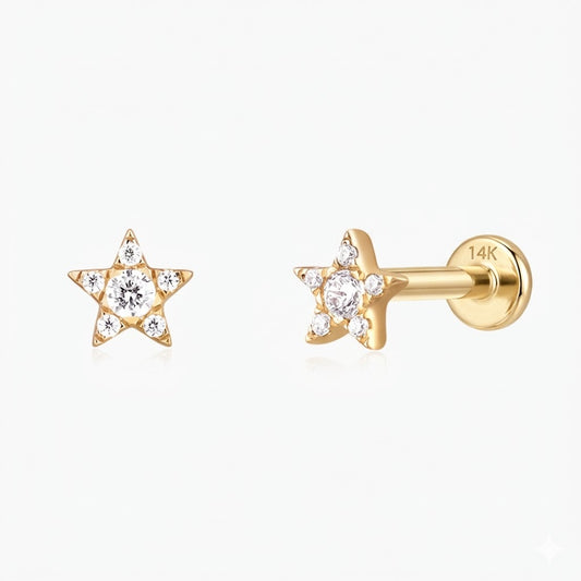 14K Solid Yellow Gold Star Flat Back Stud & Solid Gold Post