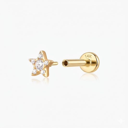 14K Solid Yellow Gold Star Flat Back Stud & Solid Gold Post