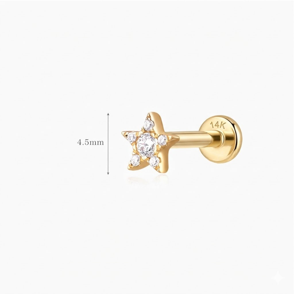 14K Solid Yellow Gold Star Flat Back Stud & Solid Gold Post