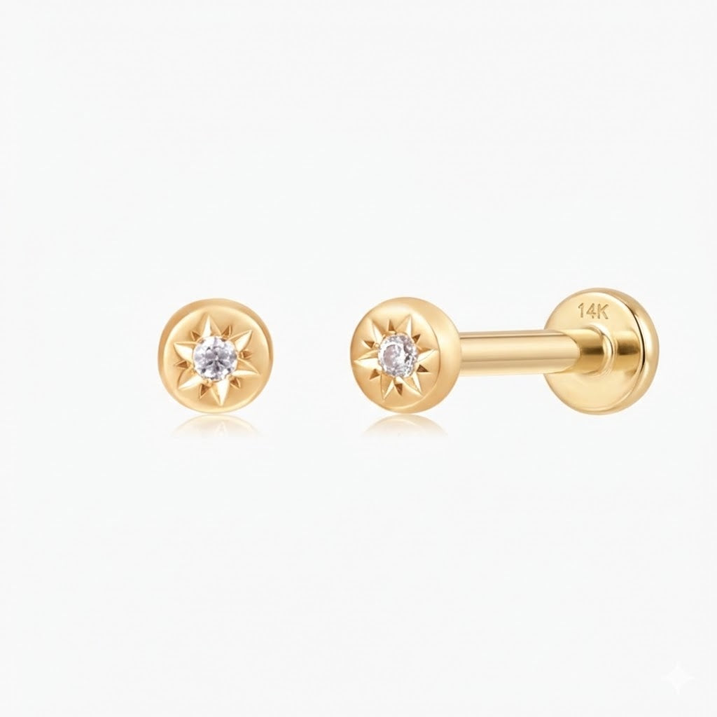 14K Solid Yellow Gold Sunburst Flat Back Stud & Solid Gold Post