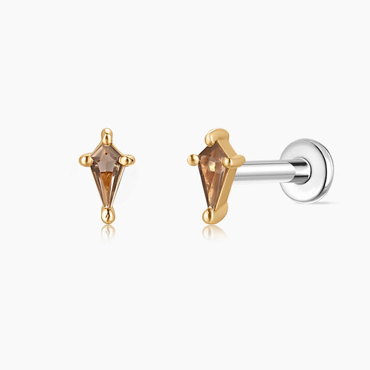 14K Solid Yellow Gold Tapered Smoky Quartz Piercing & Titanium Post