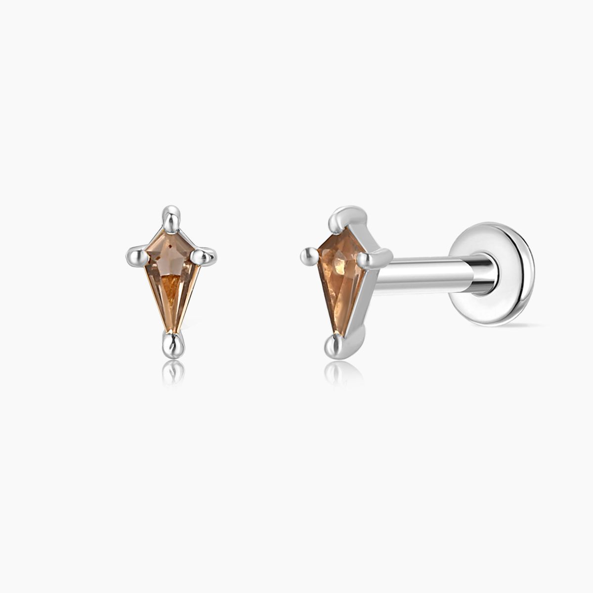 14K Solid White Gold Tapered Smoky Quartz Piercing & Titanium Post