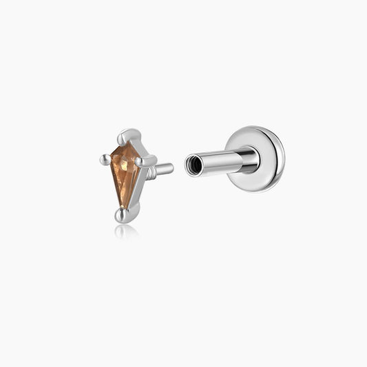14K Solid White Gold Tapered Smoky Quartz Piercing & Titanium Post