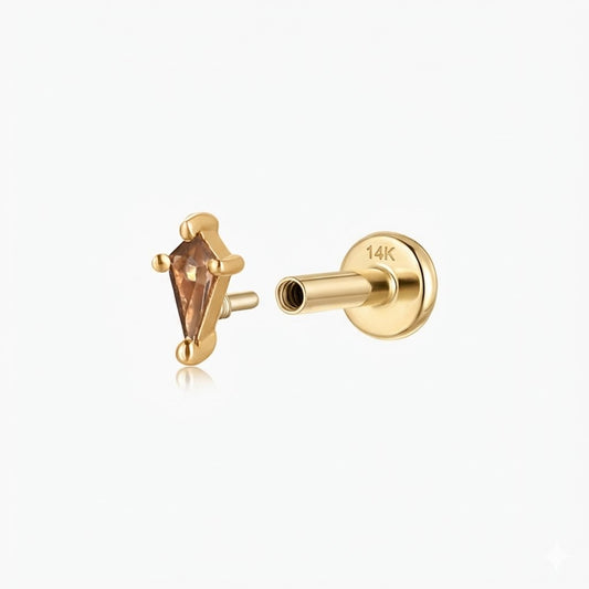 14K Solid Yellow Gold Tapered Smoky Quartz Piercing & Solid Gold Post