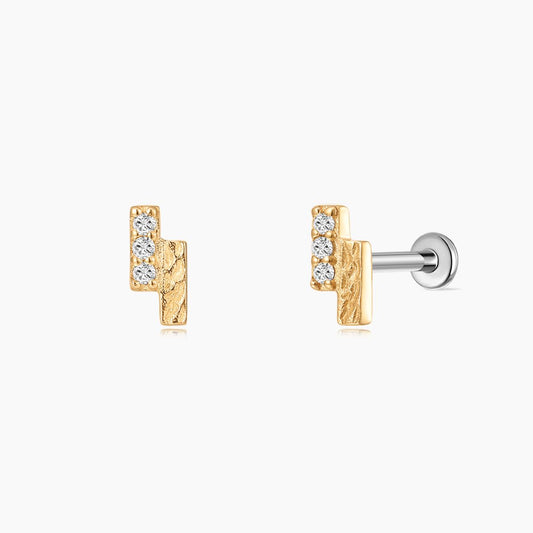 14K Solid Yellow Gold Textured Bar Flat Back Piercing Stud & Titanium Post