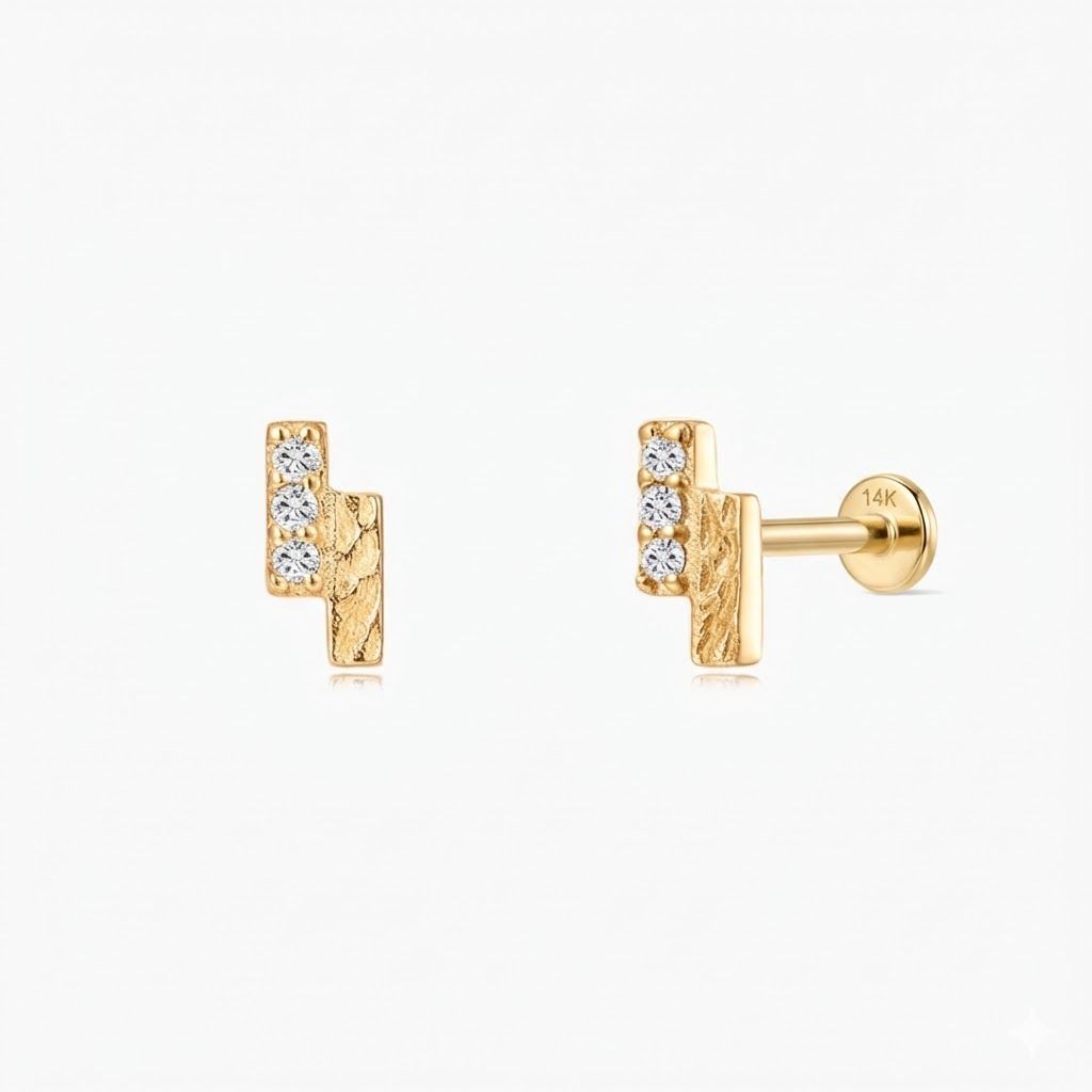 14K Solid Yellow Gold Textured Bar Flat Back Piercing Stud & Solid Gold Post
