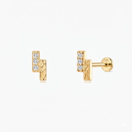 14K Solid Yellow Gold Textured Bar Flat Back Piercing Stud & Solid Gold Post