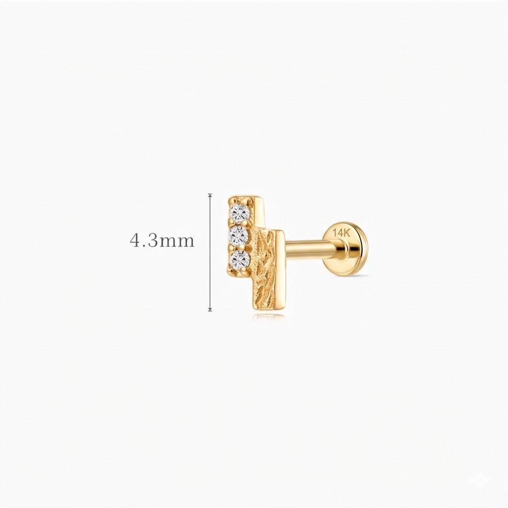 14K Solid Yellow Gold Textured Bar Flat Back Piercing Stud & Solid Gold Post