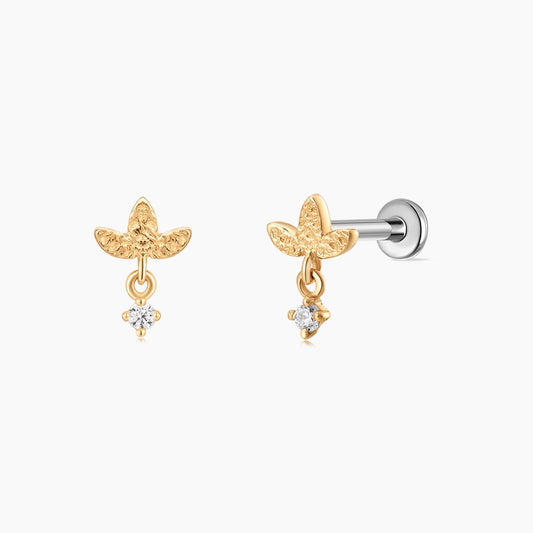 14K Solid Yellow Gold Textured Leaf Dangle Flat Back Piercing & Titanium Post