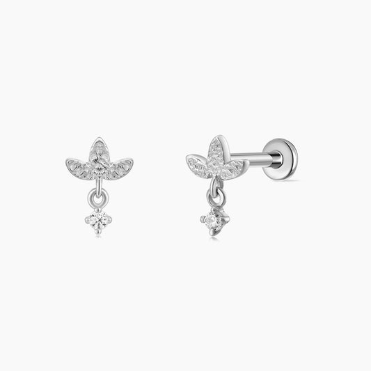 14K Solid White Gold Textured Leaf Dangle Flat Back Piercing & Titanium Post