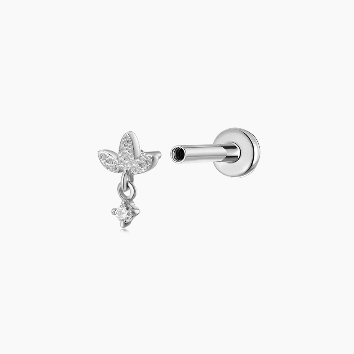 14K Solid White Gold Textured Leaf Dangle Flat Back Piercing & Titanium Post