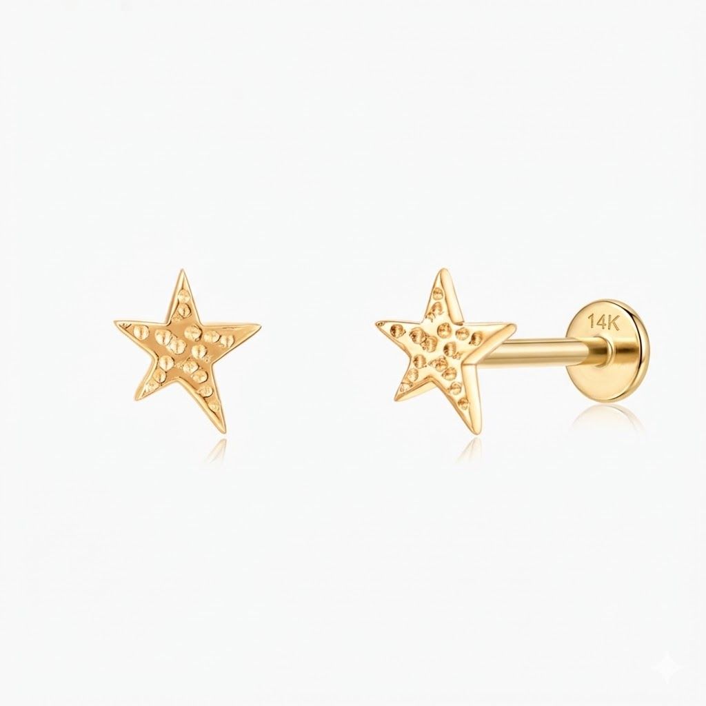 14K Solid Yellow Gold Textured Star Flat Back Stud & Solid Gold Post