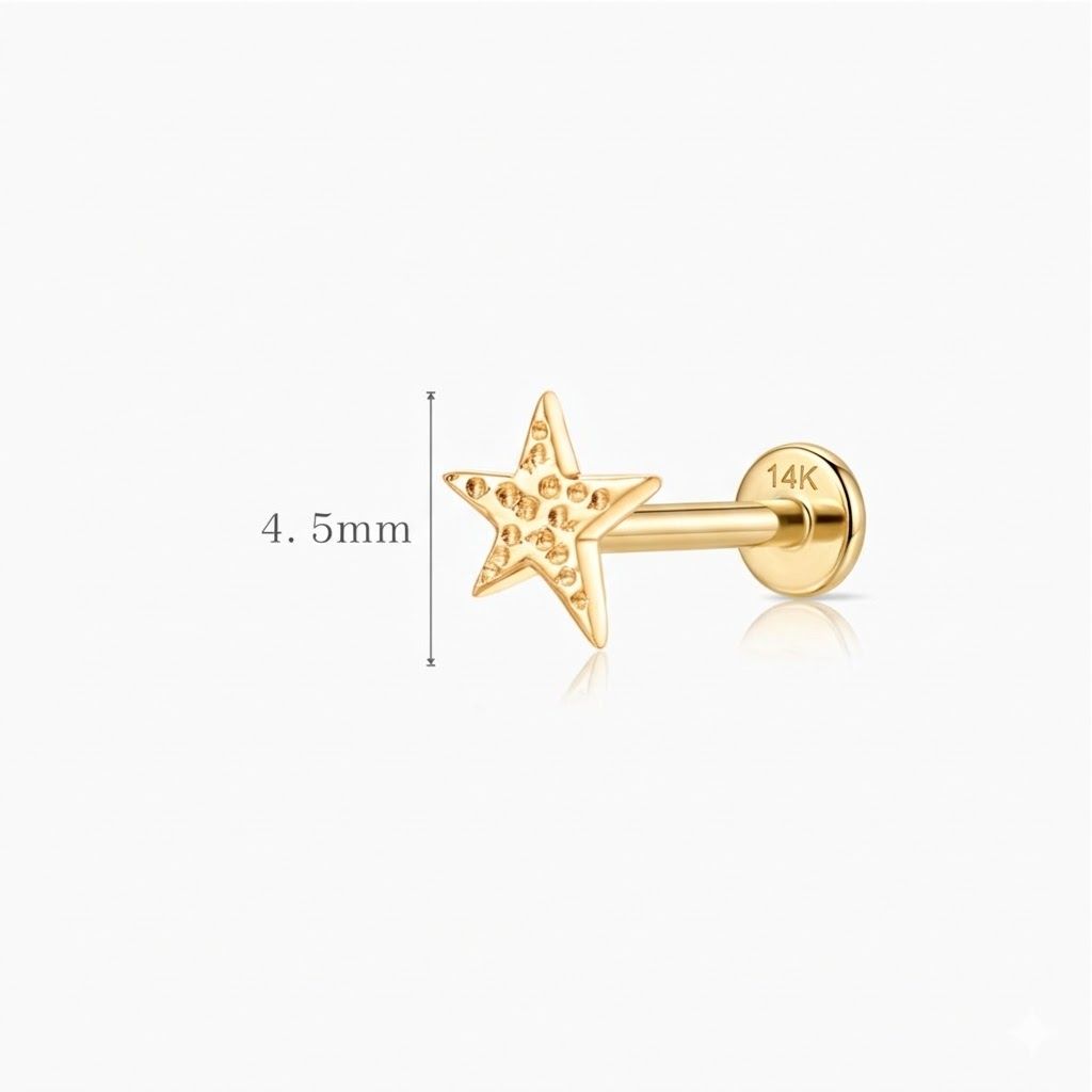 14K Solid Yellow Gold Textured Star Flat Back Stud & Solid Gold Post