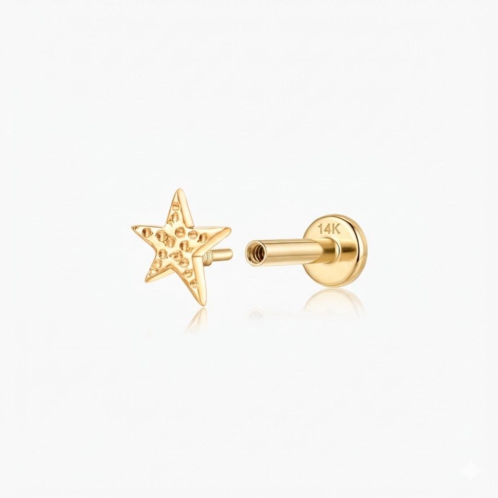 14K Solid Yellow Gold Textured Star Flat Back Stud & Solid Gold Post