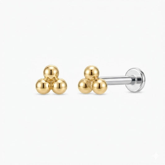 14K Solid Yellow Gold Three-Bead Flat Back Stud & Titanium Post