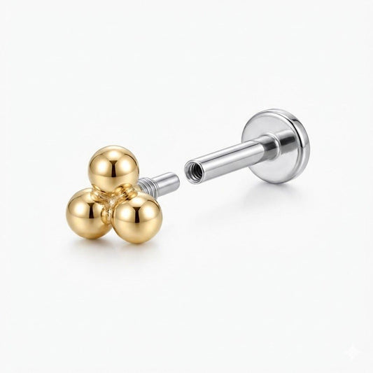 14K Solid Yellow Gold Three-Bead Flat Back Stud & Titanium Post