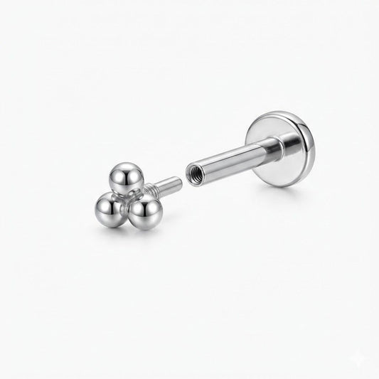14K Solid White Gold Three-Bead Flat Back Stud & Titanium Post