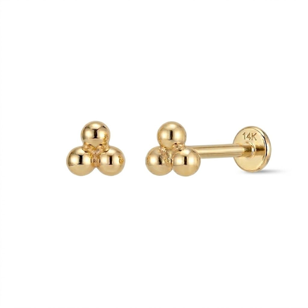 Aunyra- 14K Solid Yellow Gold Three-Bead Flat Back Stud & Solid Gold Post