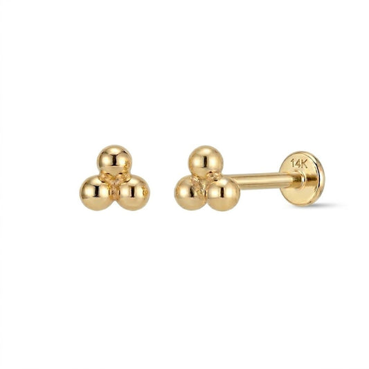 14K Solid Yellow Gold Three-Bead Flat Back Stud & Solid Gold Post | AUNYRA